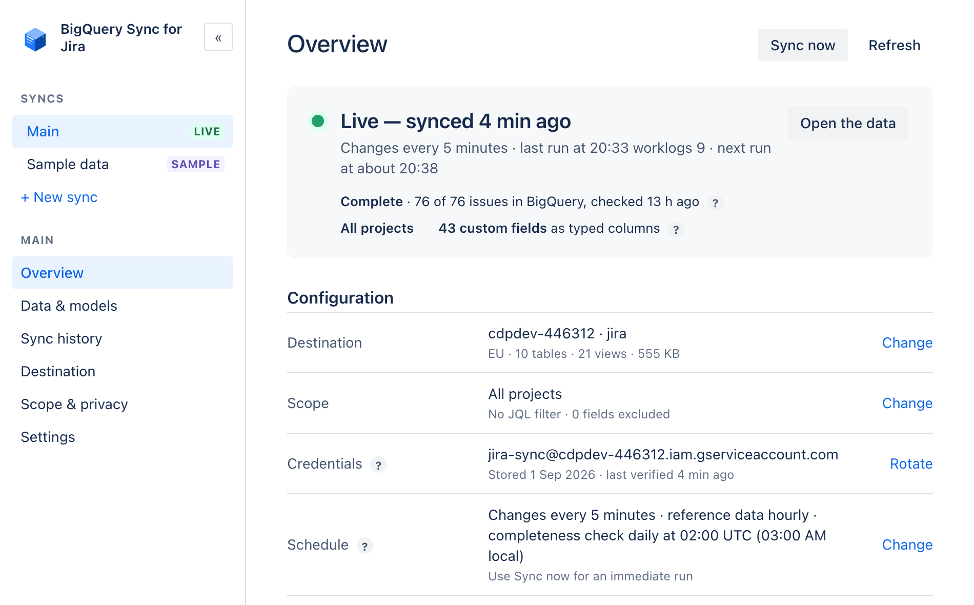The sync overview screen inside Jira: live status, configuration summary and recent runs.