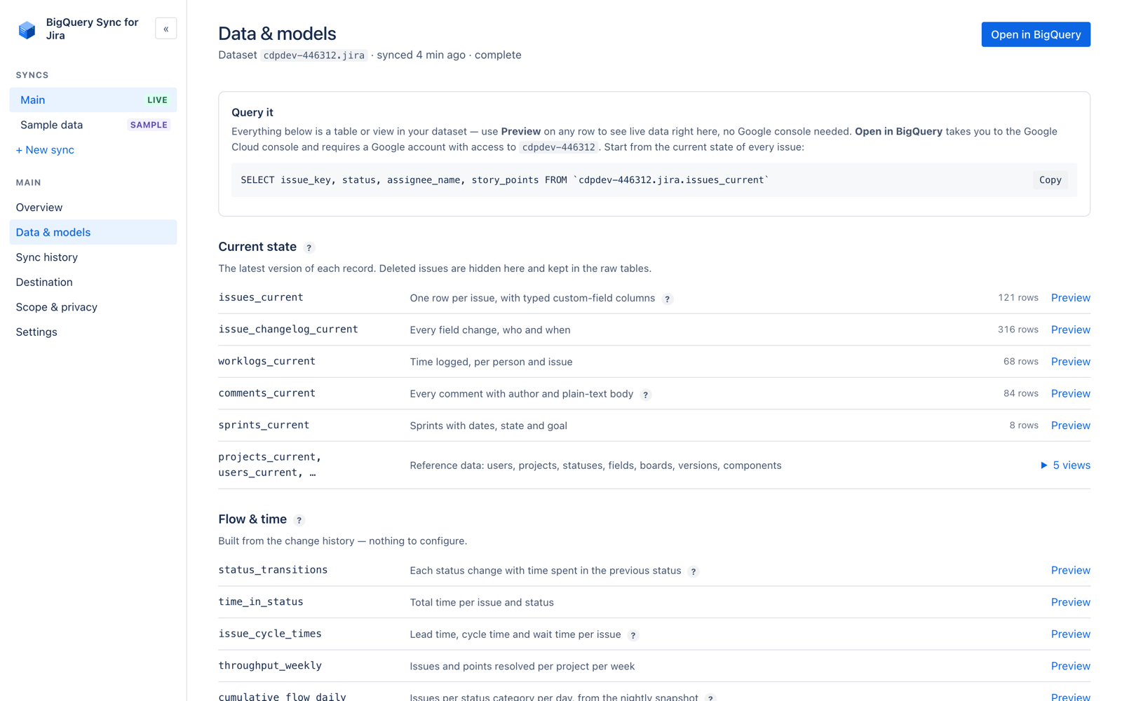 The Data & models page inside Jira: every table and view documented with live row counts and Preview links.